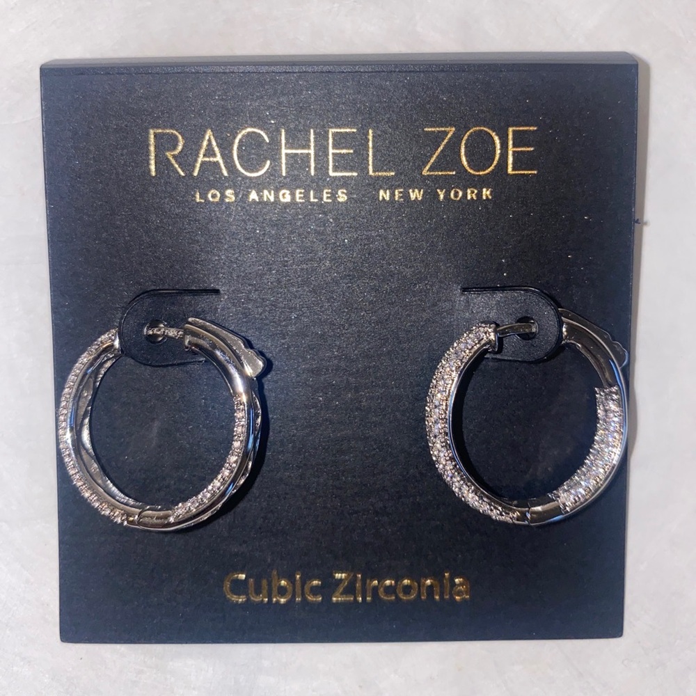 RACHEL ZOE Cubic Zirconia Pave Silver Tone Hoop Earrings Spring Close NWT